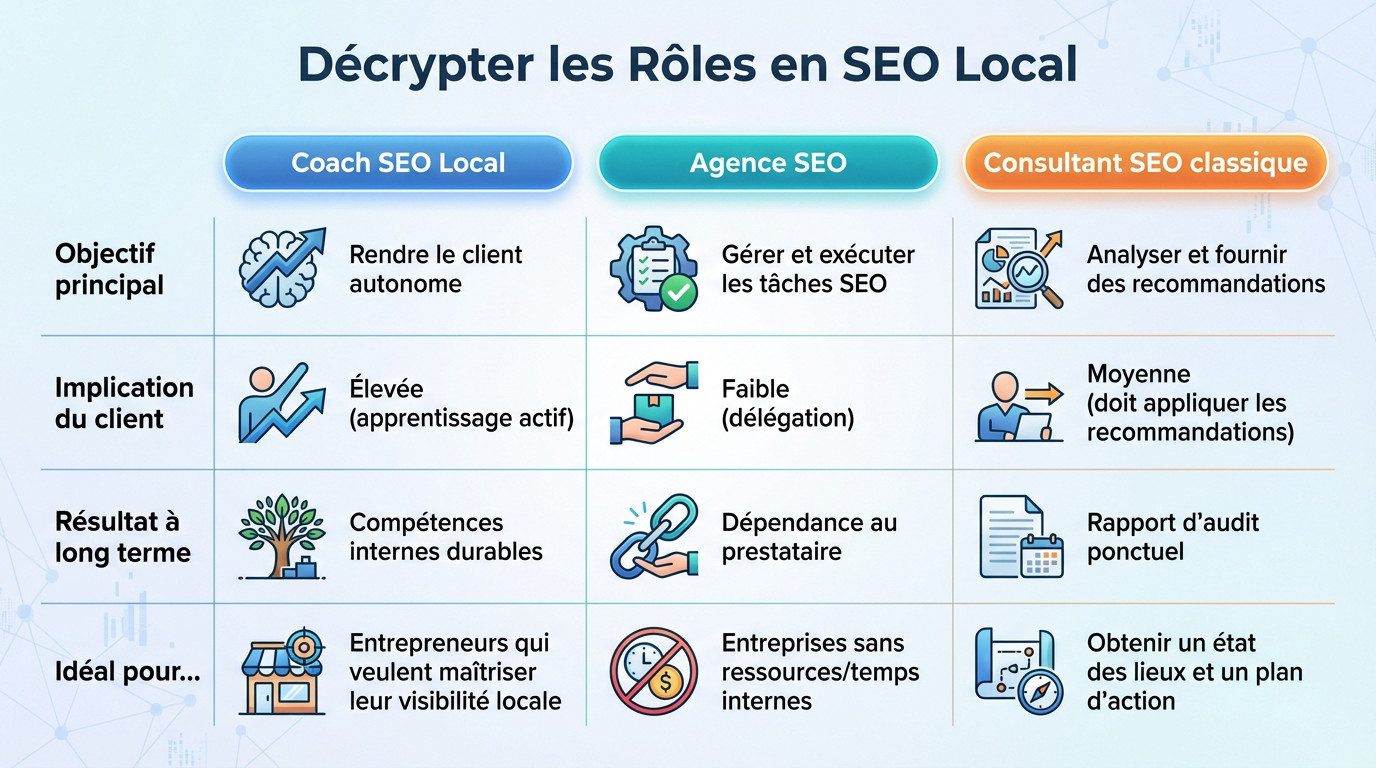 Schéma expliquant les différences entre coach SEO, consultant et agence pour la visibilité locale