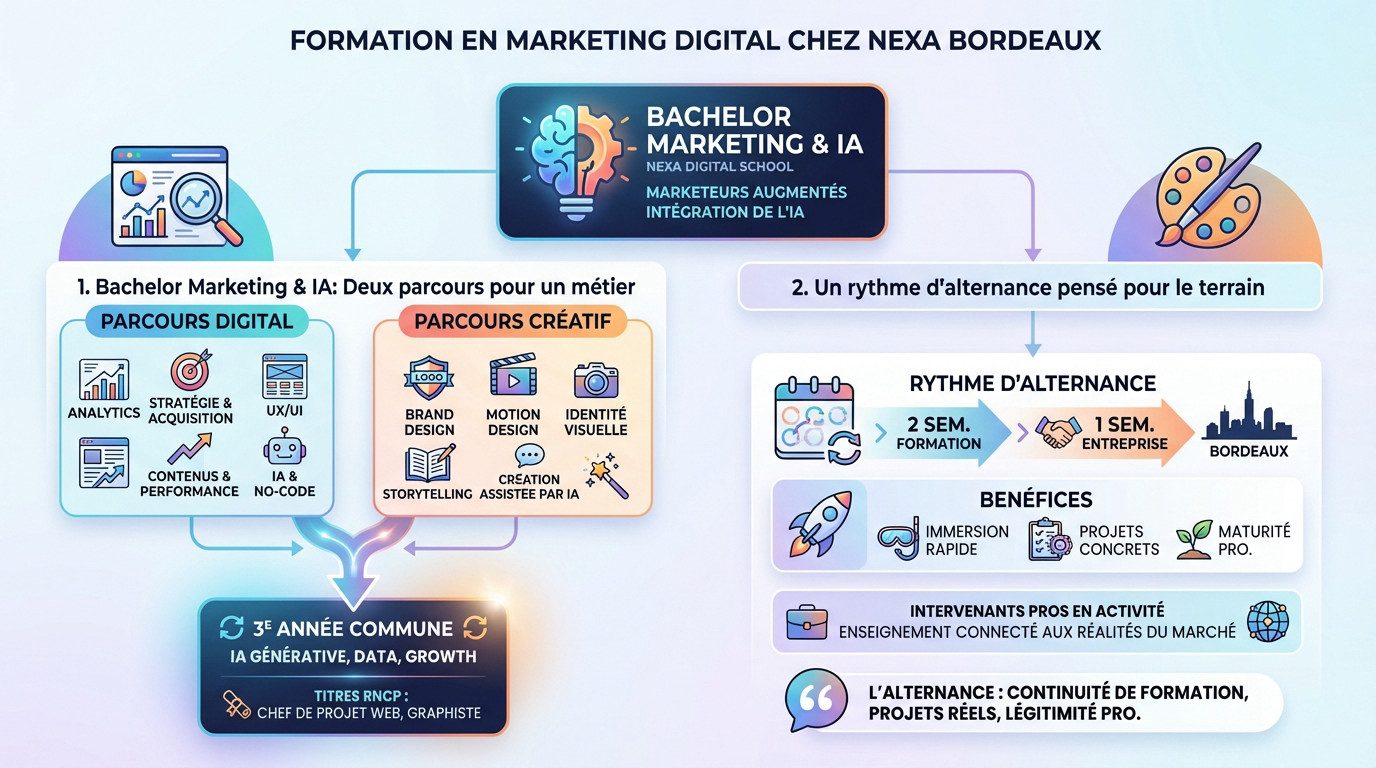 Campus Nexa Bordeaux : étudiants en formation marketing digital et IA en situation d'apprentissage