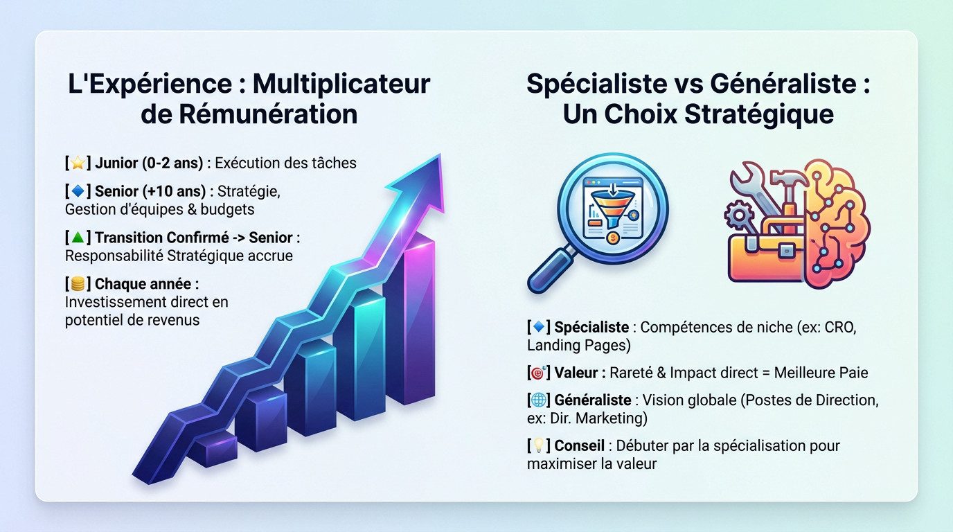 Infographie illustrant l'impact de l'expérience et de la spécialisation sur le salaire en marketing digital